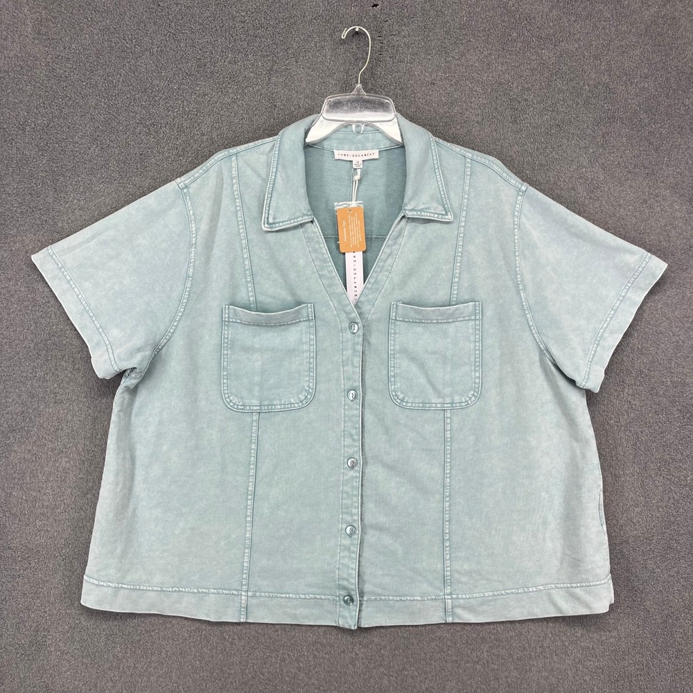 Jane + Delancey Shirt Womens 3X Teal Short Sleeve Button Up Garment Dye Utility
